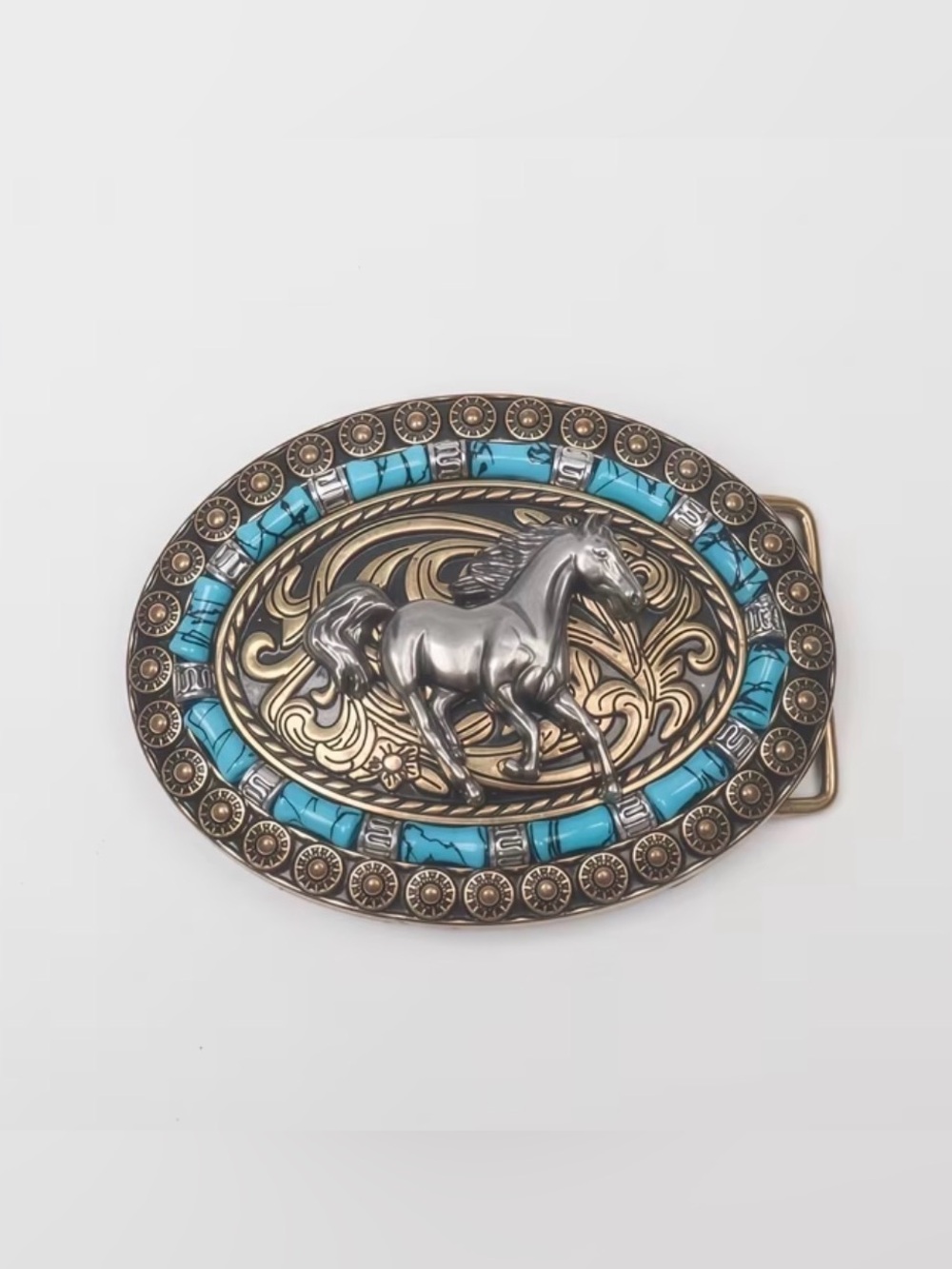 Western Belt Buckle Turquoise & Brass Horse Motif Oval Belt Buckle